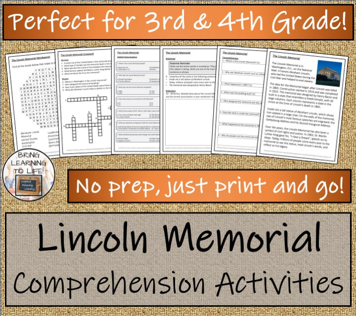 Lincoln Memorial Close Reading Comprehension Activities | 3rd Grade & 4th Grade