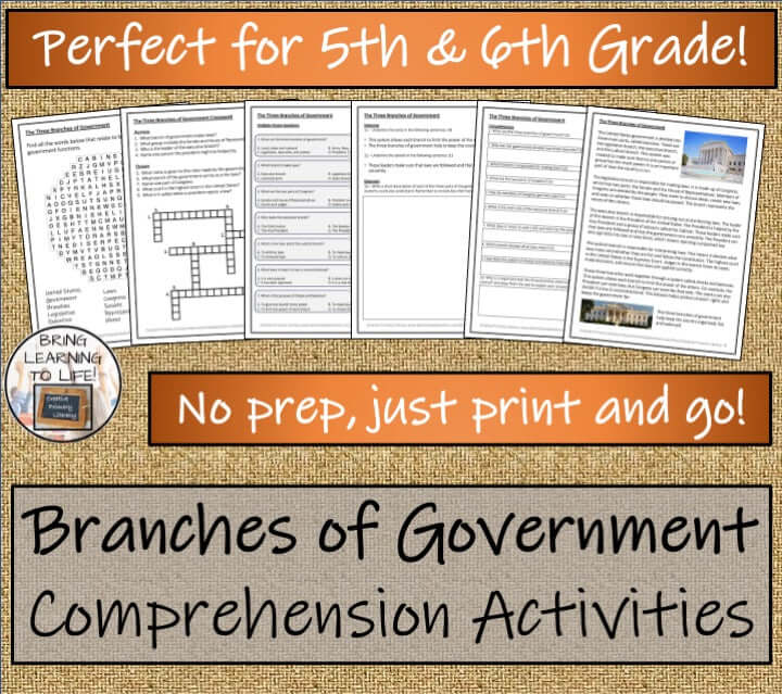 Branches of Government Close Reading Comprehension Activities | 5th-6th Grade, educational worksheets for students