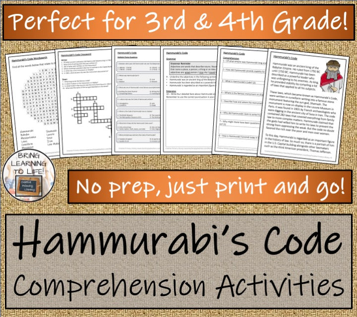 Hammurabi's Code Close Reading Comprehension Activities | 3rd Grade & 4th Grade