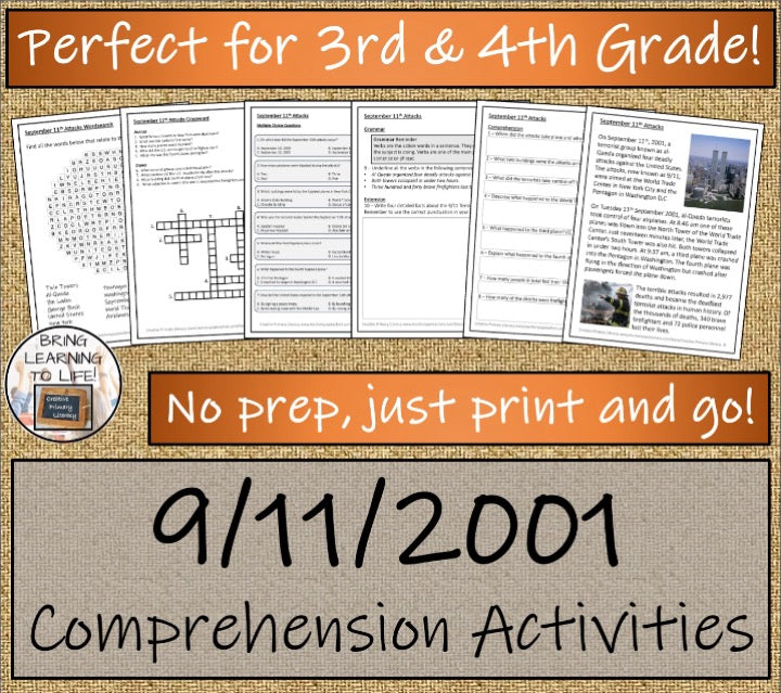 9/11 Attacks Close Reading & Informational Writing Bundle | 3rd & 4th Grade