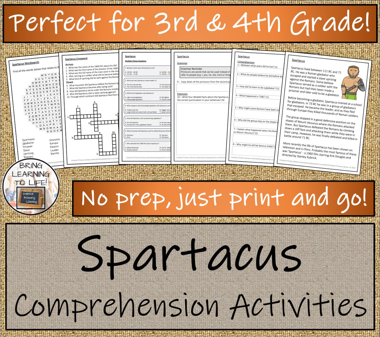 Spartacus Close Reading Comprehension Activities | 3rd Grade & 4th Grade