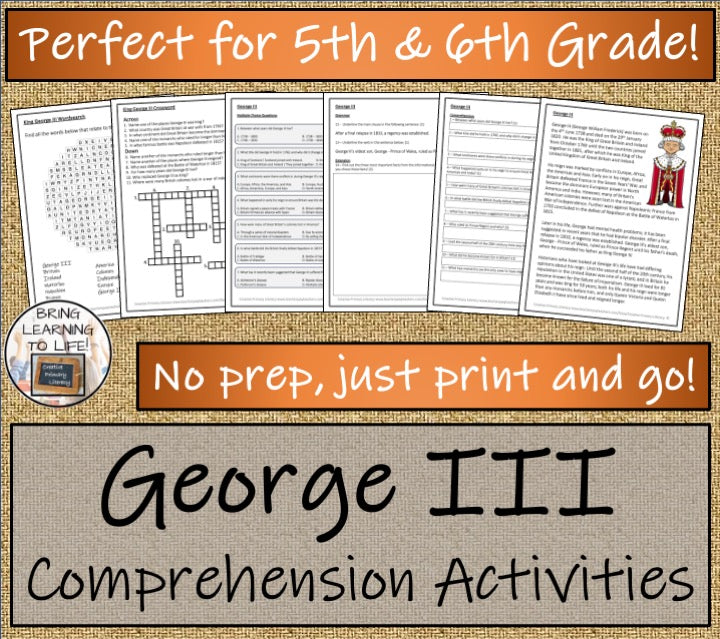 King George III Close Reading Comprehension Activities | 5th Grade & 6th Grade