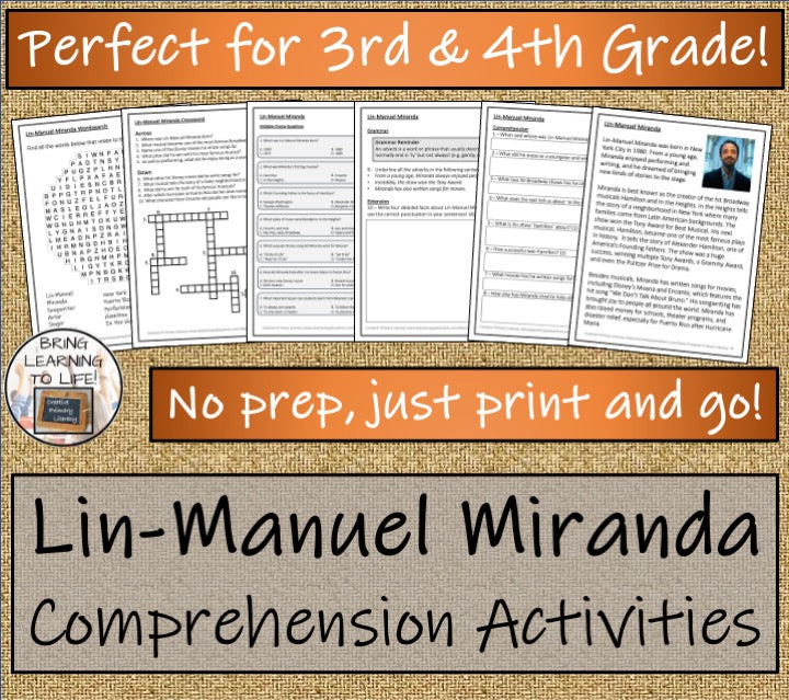 Lin-Manuel Miranda Close Reading Comprehension Activities | 3rd & 4th Grade