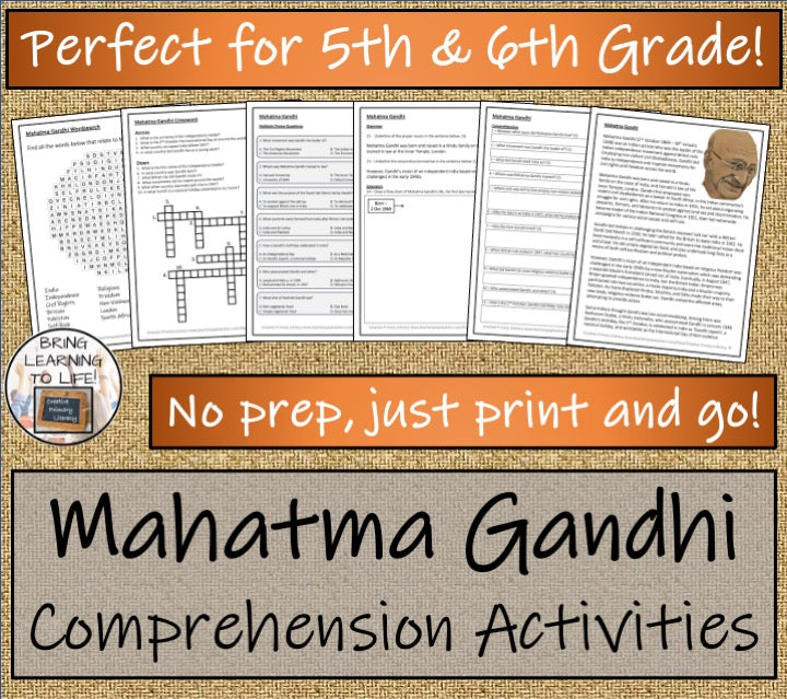 Mahatma Gandhi Close Reading Comprehension Activities | 5th Grade & 6th Grade