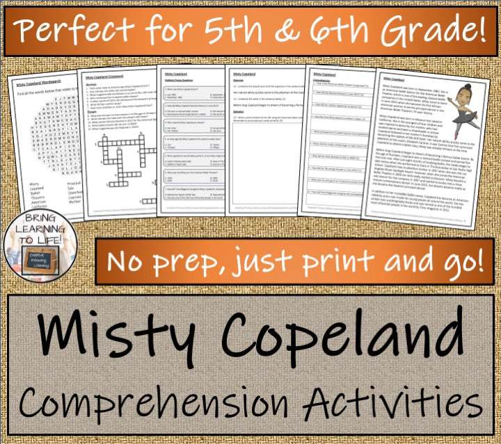 Misty Copeland Close Reading Comprehension Activities | 5th Grade & 6th Grade