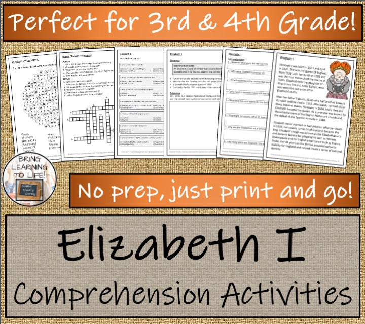 Queen Elizabeth I Close Reading Comprehension Activities | 3rd Grade & 4th Grade