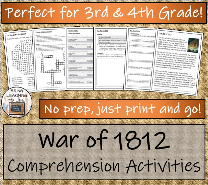 War of 1812 Close Reading Comprehension Activities | 3rd Grade & 4th Grade