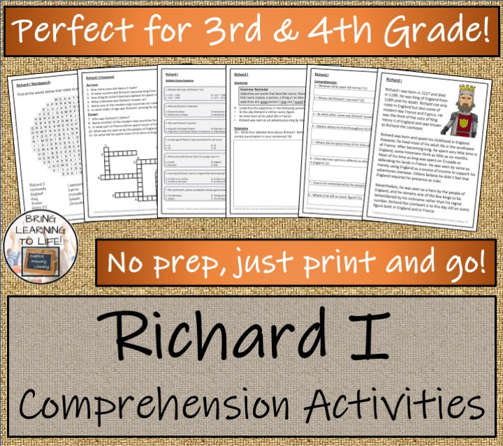 King Richard I Close Reading Comprehension Activities | 3rd Grade & 4th Grade