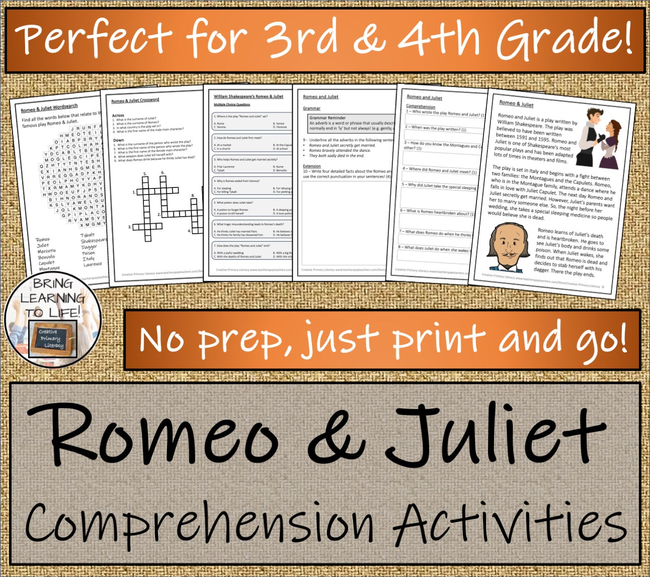 Romeo and Juliet Close Reading Comprehension Activities | 3rd Grade & 4th Grade