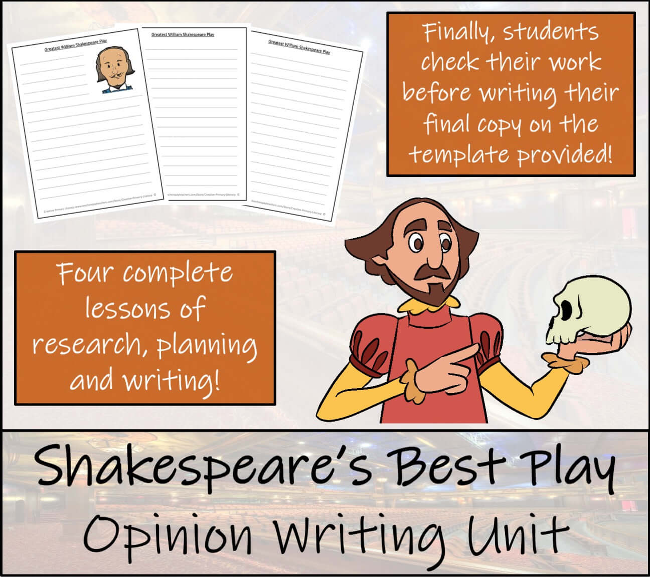 Shakespeare opinion writing unit for 3rd and 4th grade, featuring classic literature and opinion writing activities.