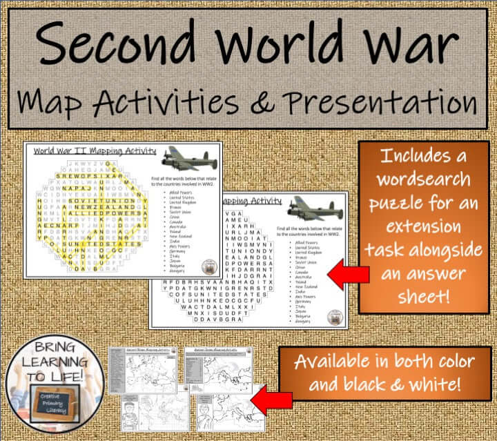 World War II Map Activity & Teaching Presentation featuring map activities, wordsearch puzzle, and answer sheet for engaging learning.