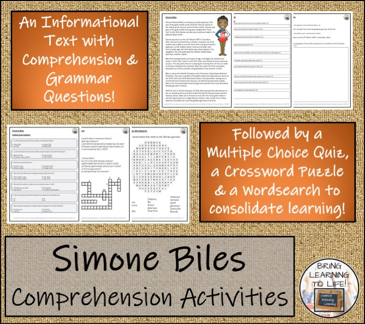 Simone Biles Close Reading Comprehension Activities | 5th Grade & 6th Grade