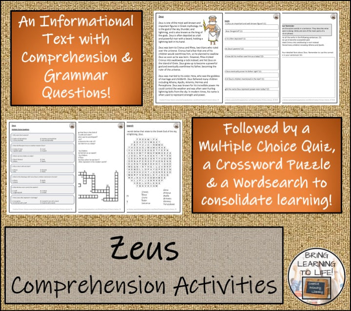 Zeus Close Reading Comprehension Activities | 3rd Grade & 4th Grade