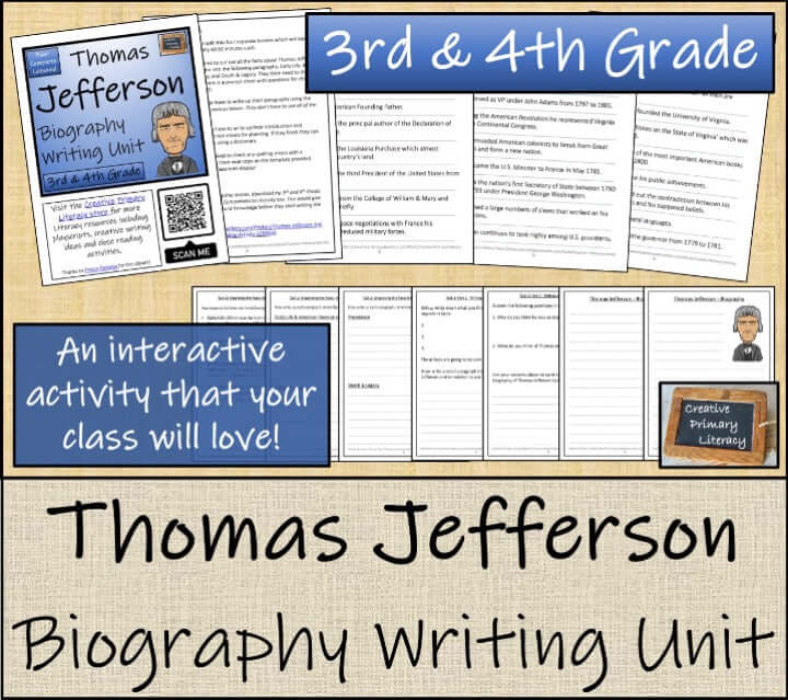 Thomas Jefferson Close Reading & Biography Bundle | 3rd Grade & 4th Grade classroom activity materials overview.