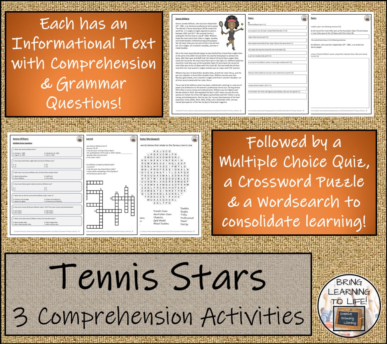 Tennis Players Close Reading Comprehension Activity Bundle | 5th & 6th Grade