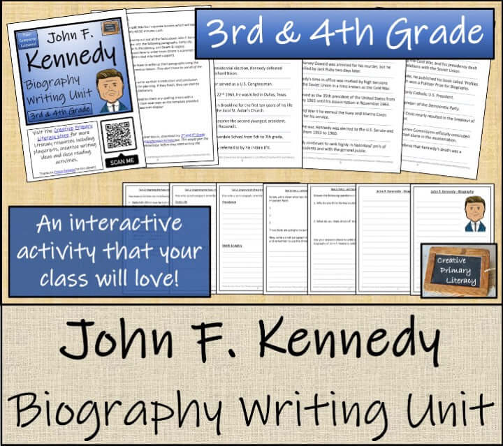 John F. Kennedy Close Reading & Biography Bundle | 3rd Grade & 4th Grade interactive writing unit materials for students.
