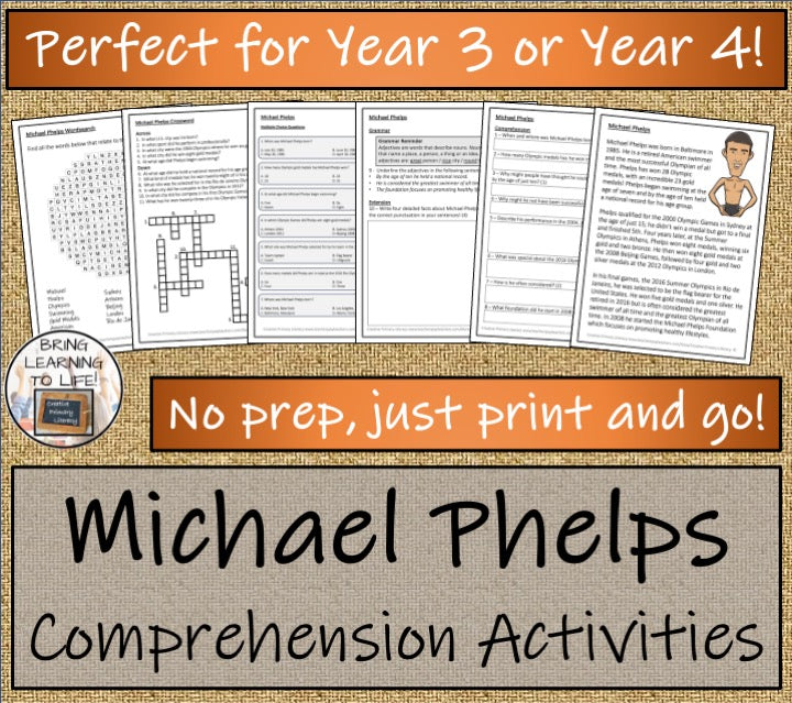 Michael Phelps Close Reading Comprehension Activities | 3rd Grade & 4th Grade