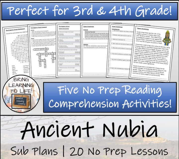 Emergency Sub Plans: Ancient Nubia Bundle | 3rd–4th Grade with five no prep reading activities and engaging visuals.