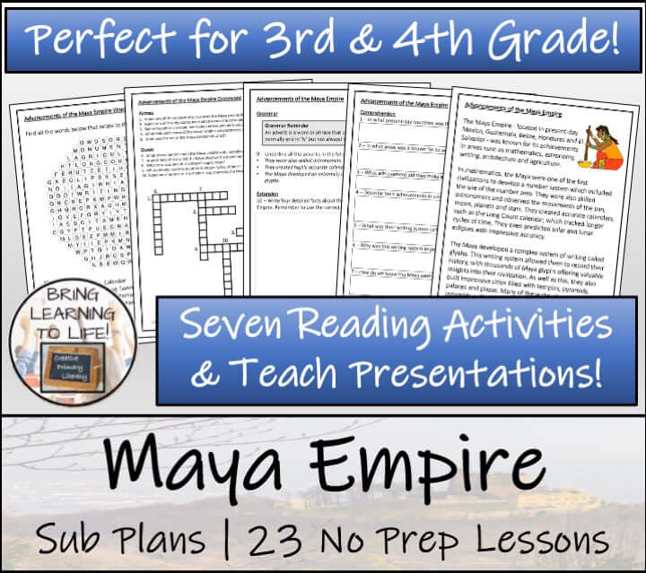 Maya Empire emergency sub plans bundle with 23 no prep lessons for 3rd-4th grade teachers.