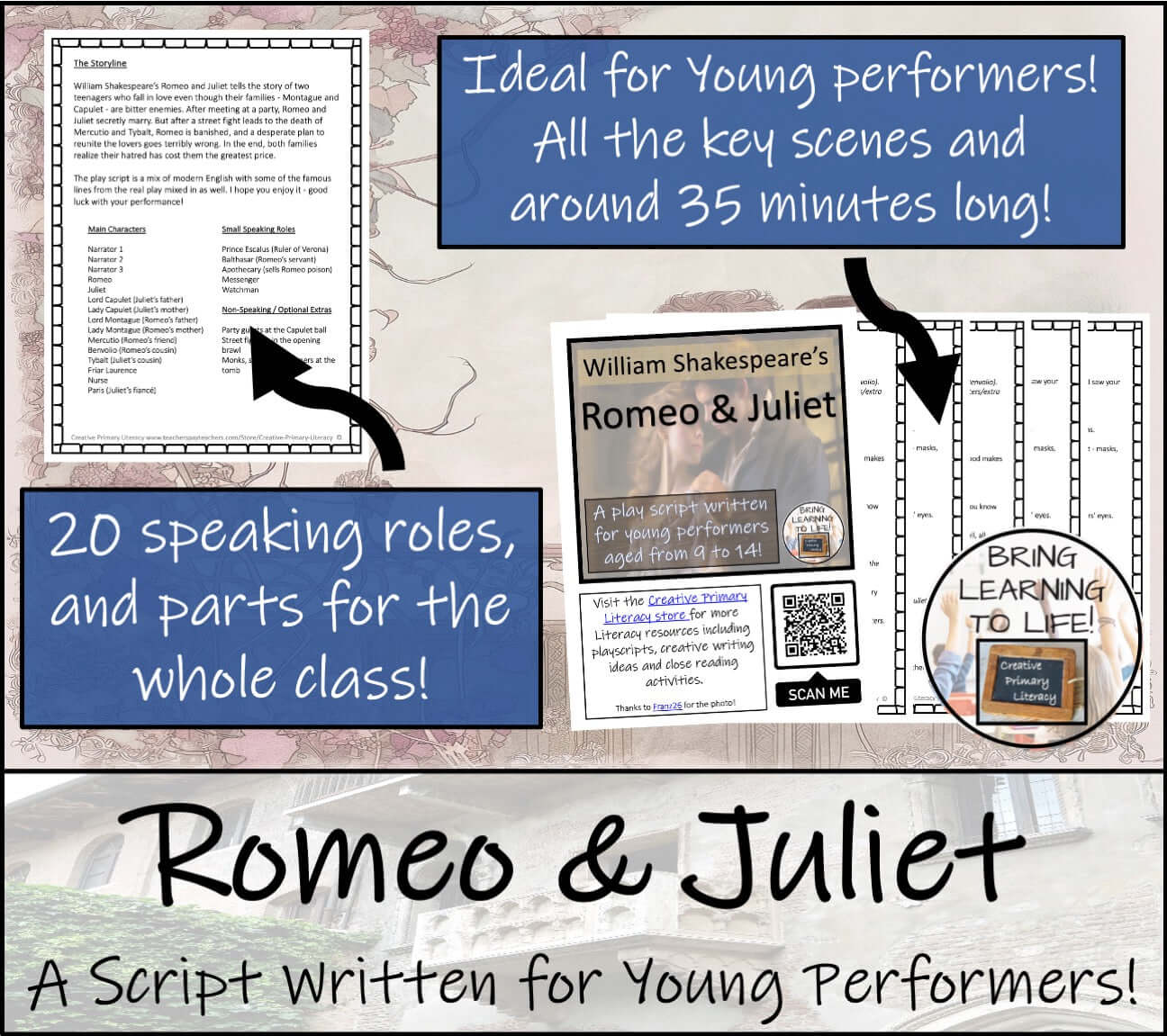 Romeo and Juliet | Play Script & Close Reading Bundle | 3rd Grade & 4th Grade, ideal for young performers with 20 roles.