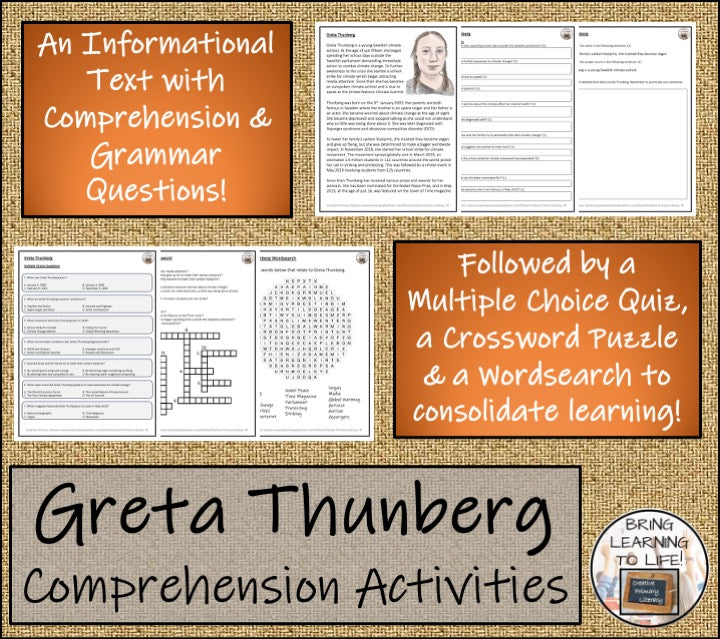 Greta Thunberg Close Reading Comprehension Activities | 5th Grade & 6th Grade