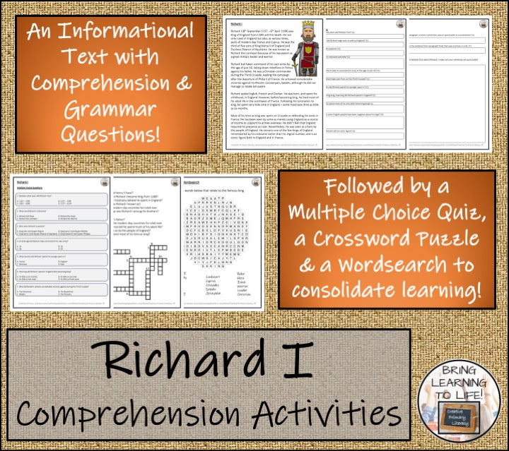 King Richard I Close Reading Comprehension Activity | 5th Grade & 6th Grade