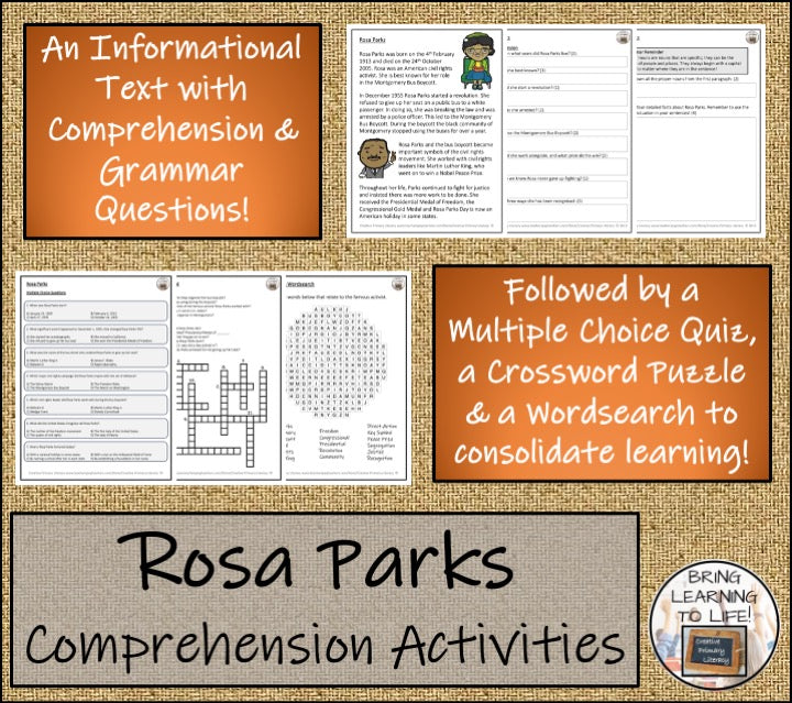 Rosa Parks Close Reading Comprehension Activities | 3rd Grade & 4th Grade