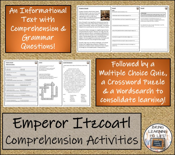 Aztec Emperor Itzcoatl Close Reading Comprehension Activities | 3rd & 4th Grade