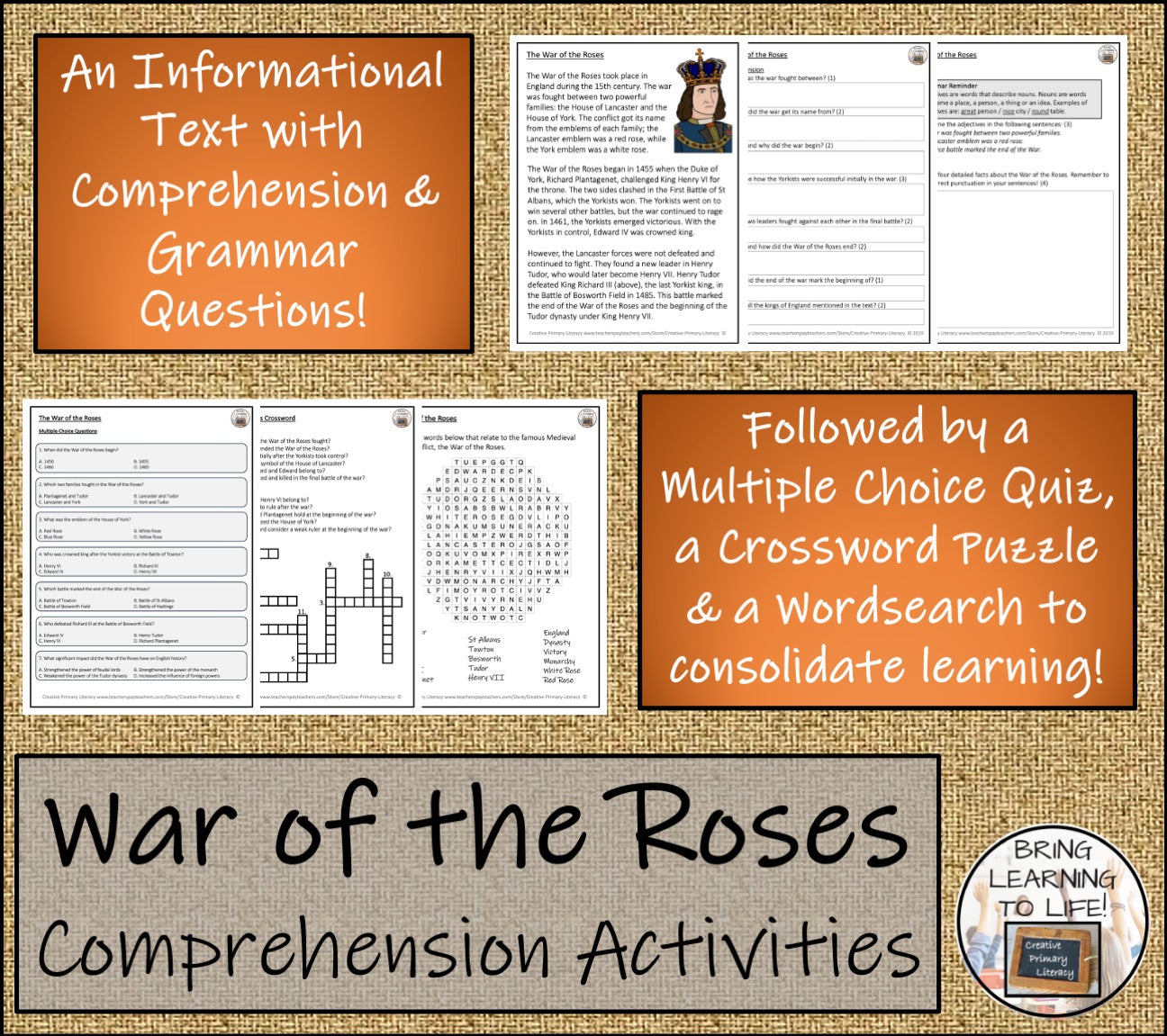 War of the Roses Close Reading Comprehension Activities | 3rd Grade & 4th Grade