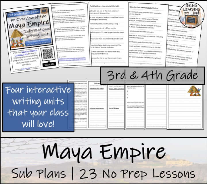 Maya Empire emergency sub plans bundle with 23 no prep lessons for 3rd-4th grade teachers.