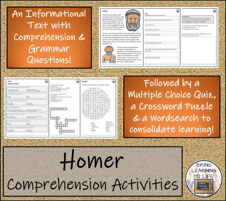 Homer Close Reading Comprehension Activities | 3rd Grade & 4th Grade