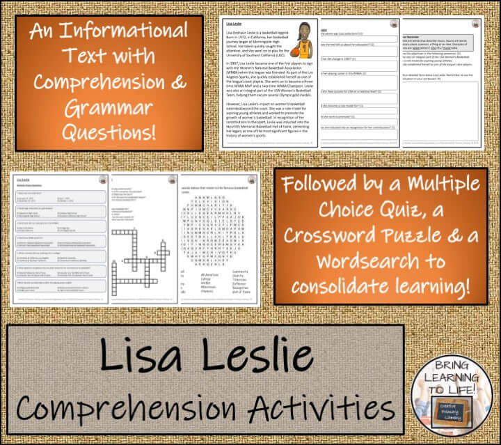 Lisa Leslie Close Reading Passage & Comprehension Activities | 3rd–4th Grade featuring comprehension questions and grammar activities.