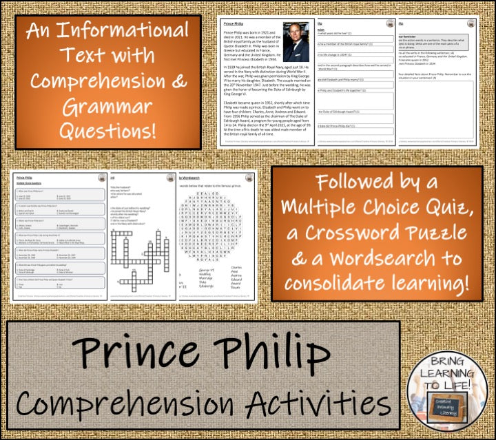 Prince Philip Close Reading Comprehension Activities | 3rd Grade & 4th Grade