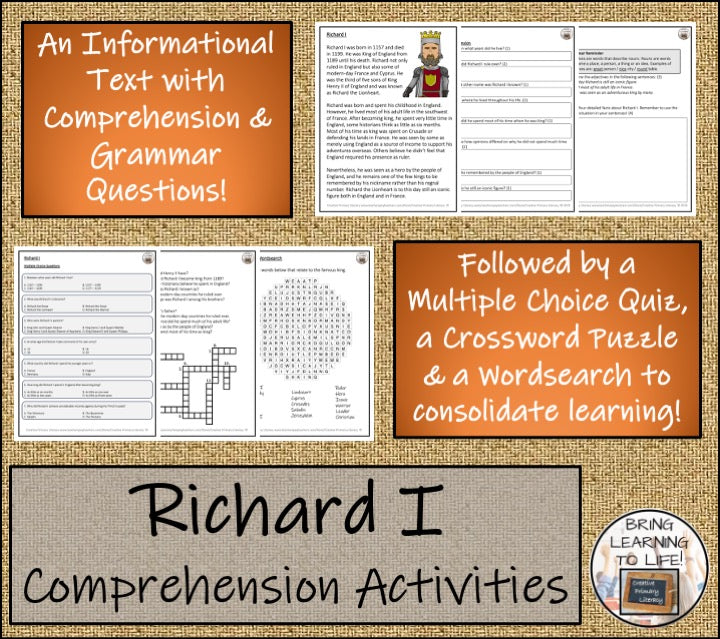 King Richard I Close Reading Comprehension Activities | 3rd Grade & 4th Grade