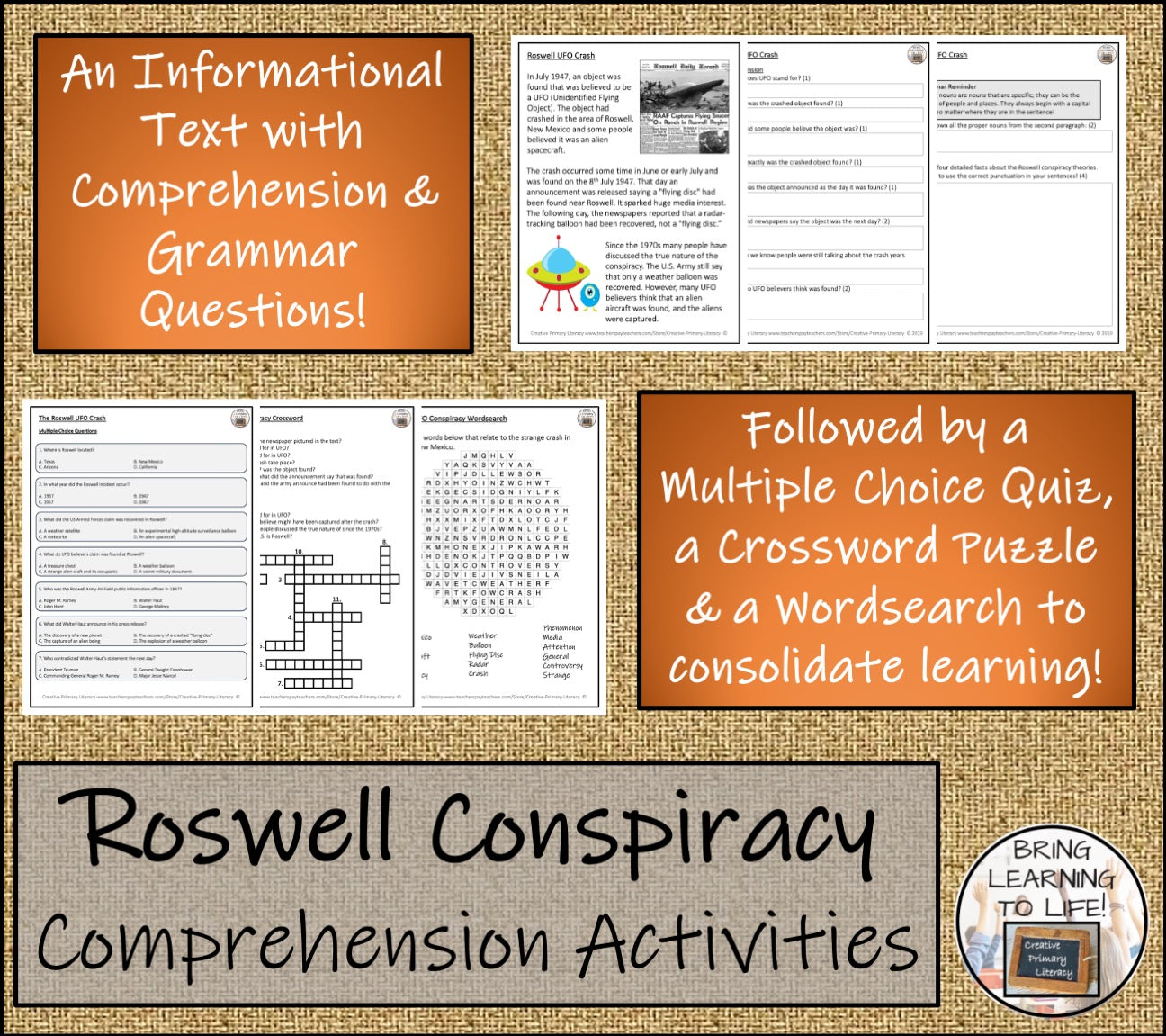 Roswell UFO Conspiracy Close Reading Comprehension Activities | 3rd & 4th Grade