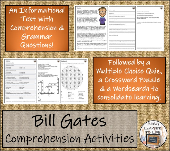 Bill Gates Close Reading Comprehension Activities | 5th Grade & 6th Grade