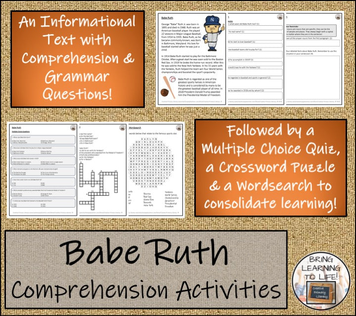 Babe Ruth Close Reading Comprehension Activities | 3rd Grade & 4th Grade