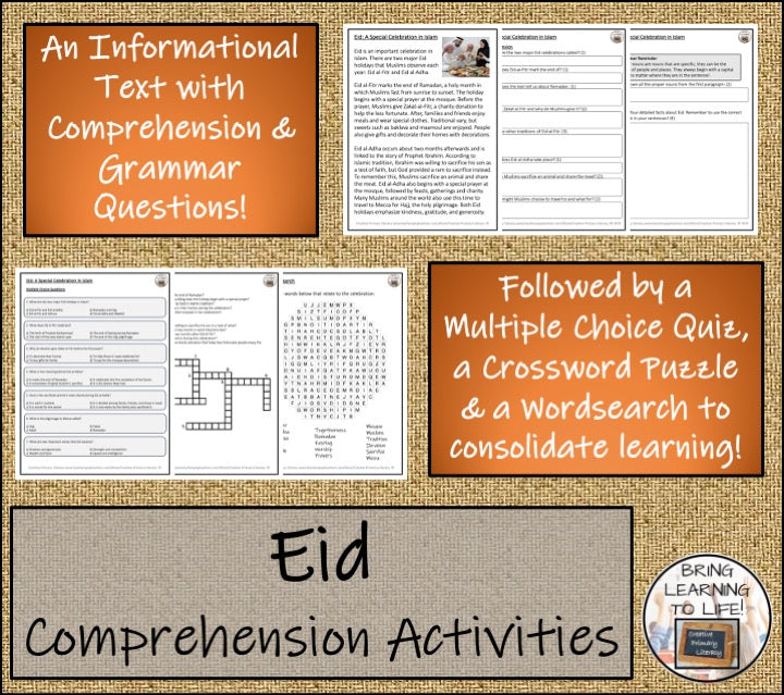 Eid Close Reading Comprehension Activities | 3rd Grade & 4th Grade