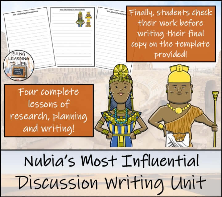Most Influential Figure of Ancient Nubia Opinion Writing Unit | 3rd–4th Grade cover with lesson materials and characters.