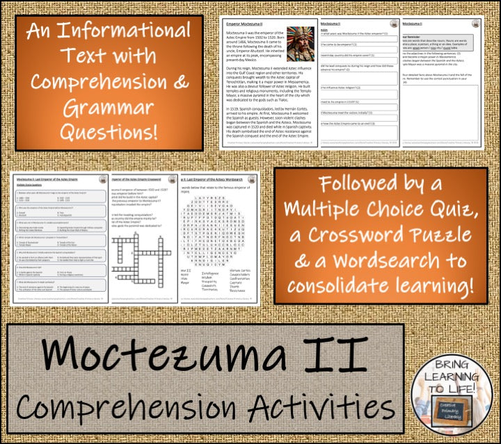 Moctezuma II Close Reading Comprehension Activities | 3rd Grade & 4th Grade