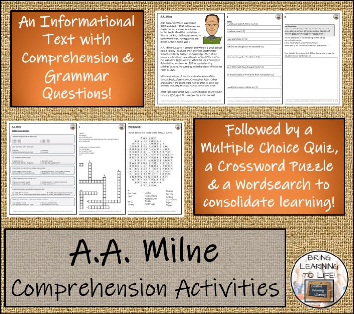 A.A. Milne Close Reading Comprehension Activities | 3rd Grade & 4th Grade