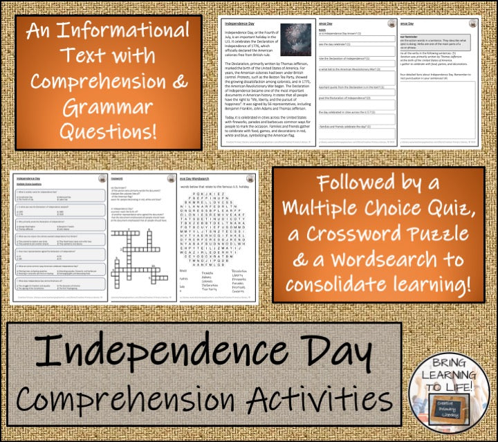 Independence Day Close Reading Passage & Comprehension Activities 3rd–4th Grade