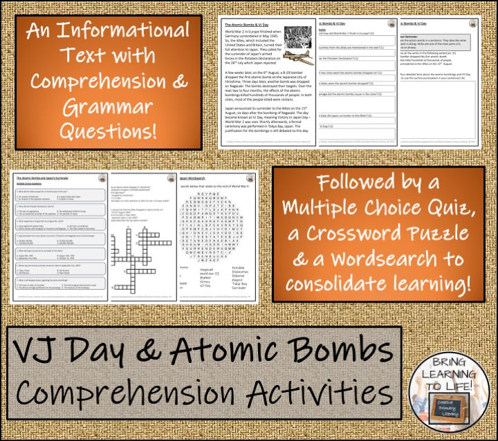 Atomic Bombs & VJ Day Close Reading Comprehension | 3rd Grade & 4th Grade