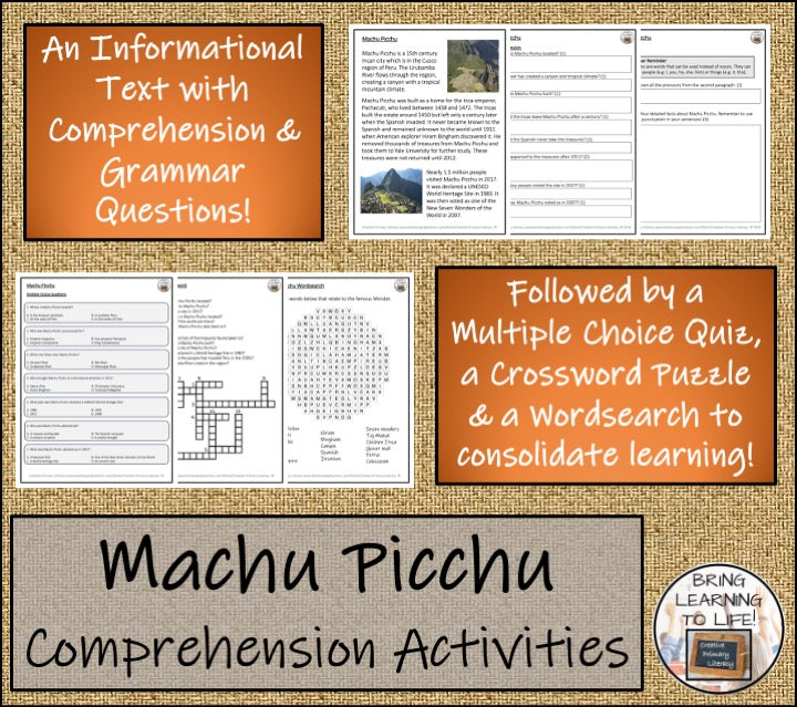 Machu Picchu Close Reading Comprehension Activities | 3rd Grade & 4th Grade