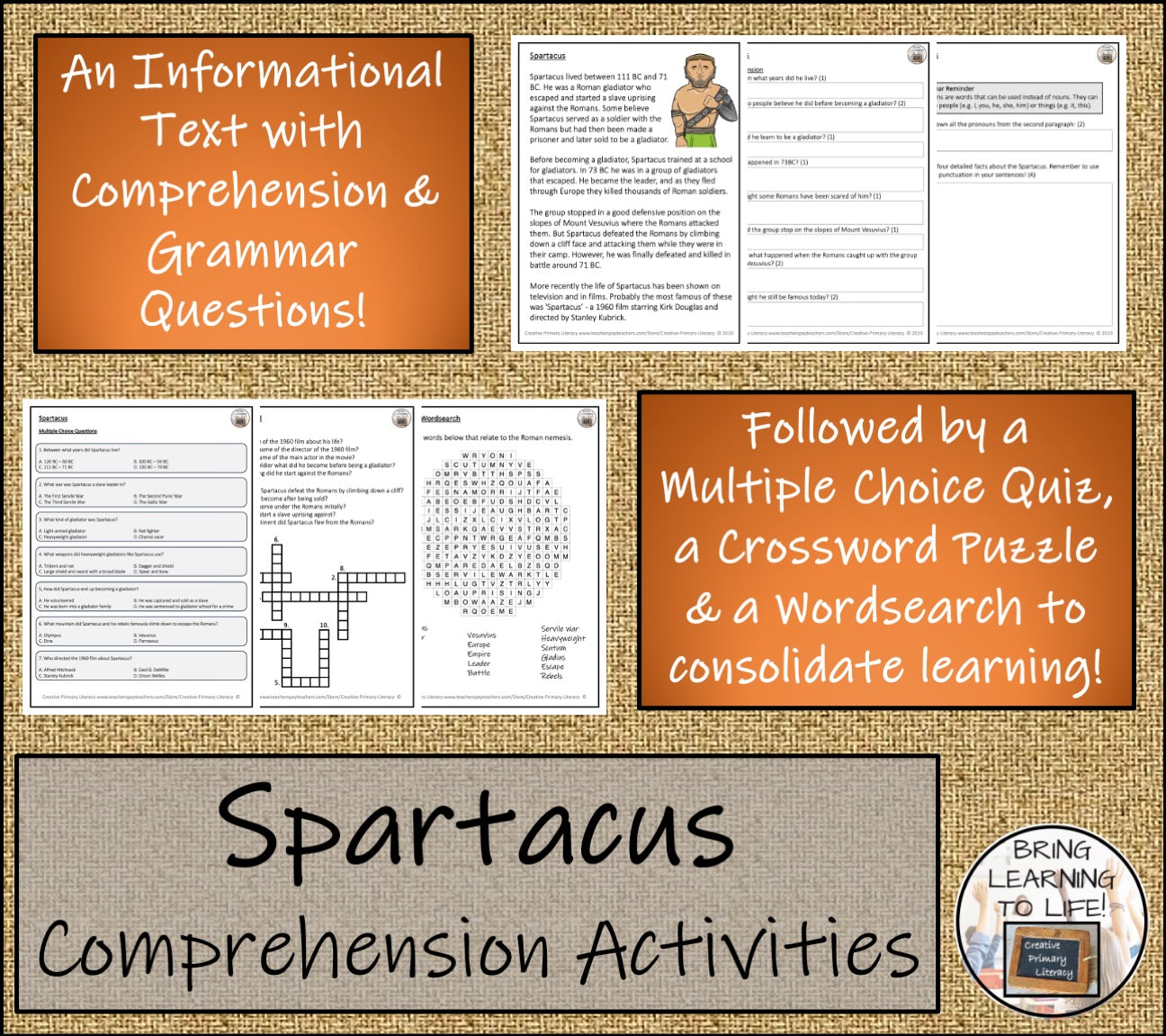 Spartacus Close Reading Comprehension Activities | 3rd Grade & 4th Grade