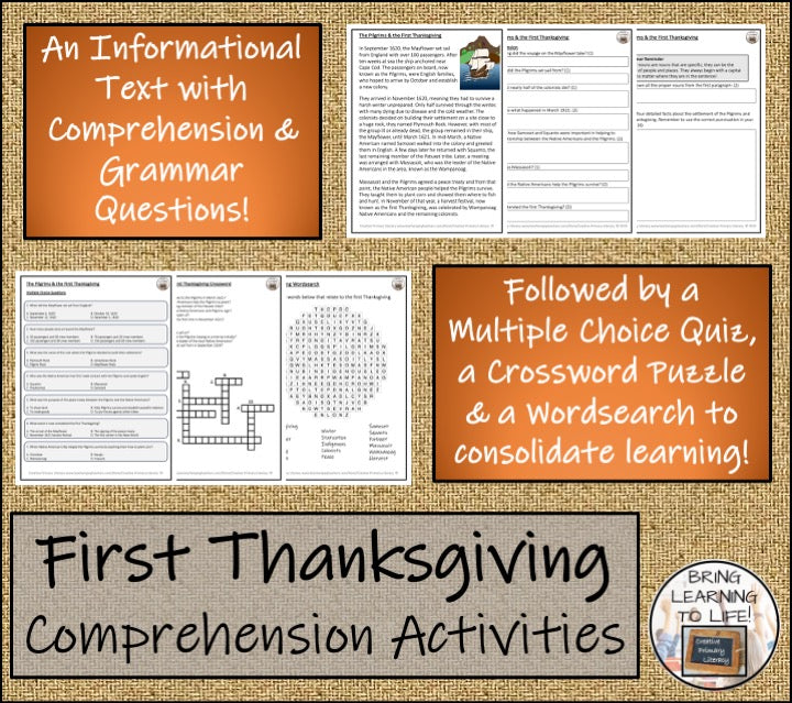 The Pilgrims & First Thanksgiving Close Reading Comprehension | 3rd & 4th Grade