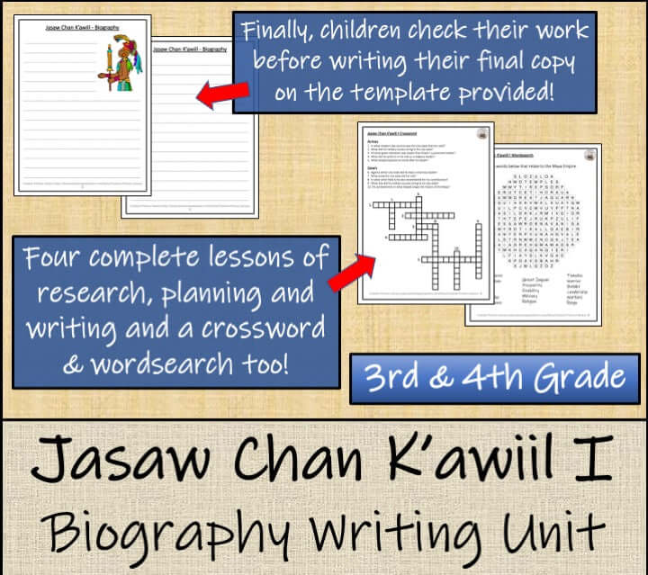 Jasaw Chan K'awiil biography project writing unit for 3rd-4th grade students, showcasing printable lesson materials.