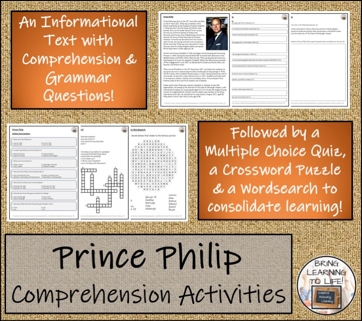 Prince Philip Close Reading Comprehension Activities | 5th Grade & 6th Grade