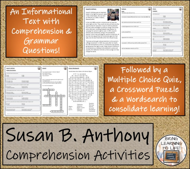 Susan B. Anthony Close Reading Comprehension Activities | 3rd Grade & 4th Grade