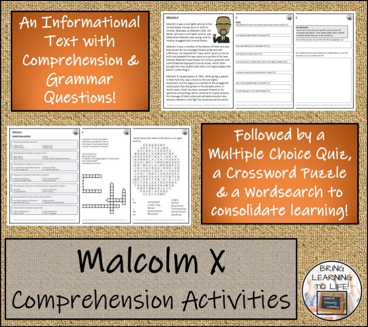 Malcolm X Close Reading Comprehension Activities | 3rd Grade & 4th Grade